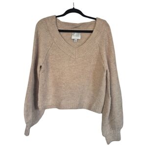 Jason Wu Tan Classic Crop V Neck Balloon Sleeve Sweater Wool Blend Large